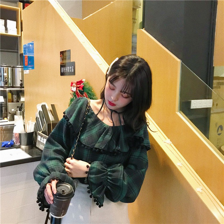 Áo Kiểu Trễ Vai Tay Dài Họa Tiết Sọc Caro Màu Sắc Tương Phản | BigBuy360 - bigbuy360.vn