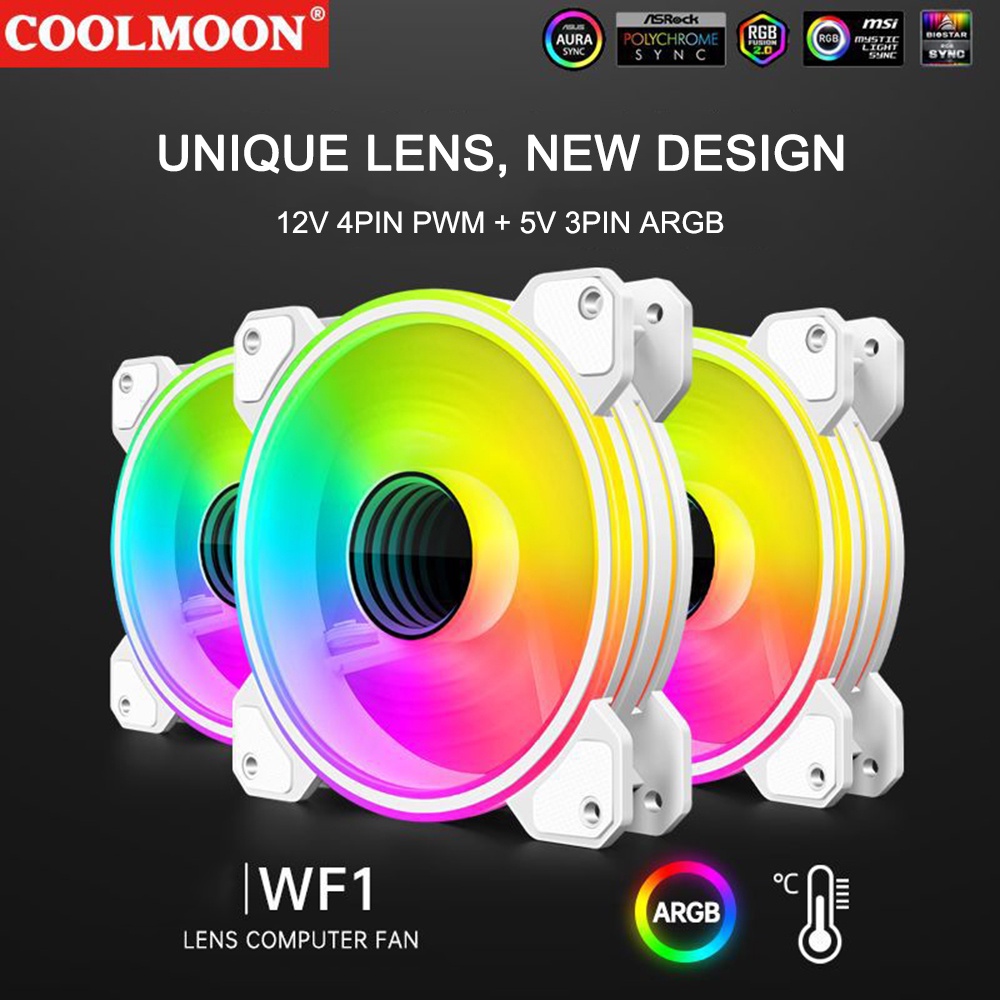 Quạt Tản Nhiệt Coolmoon WF1  Fan Led ARGB Aura SYNC 5V 3Pin Có Điều Tốc PWM fan case máy tính  - Tặng kèm ốc vít