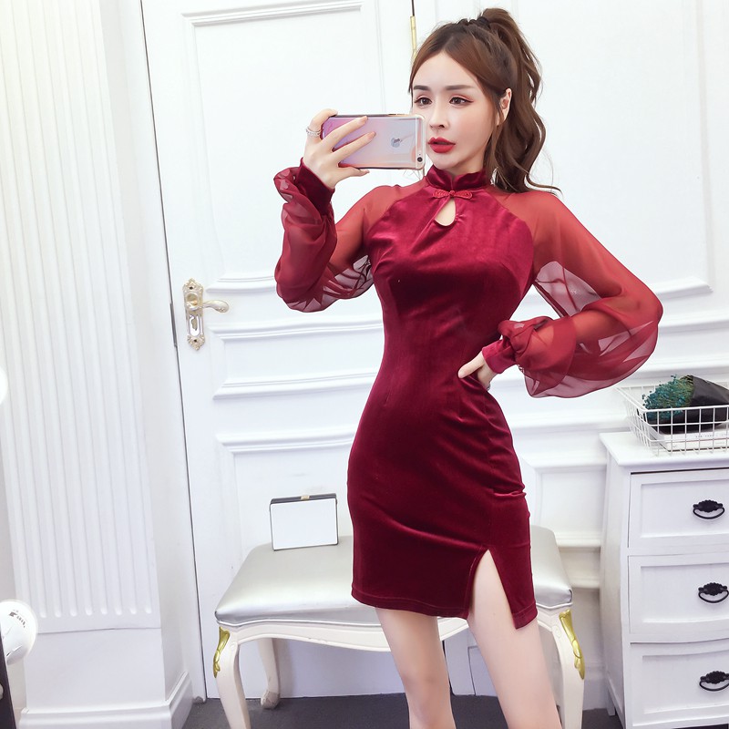 Sườn xám nhung tay phồng đủ size
