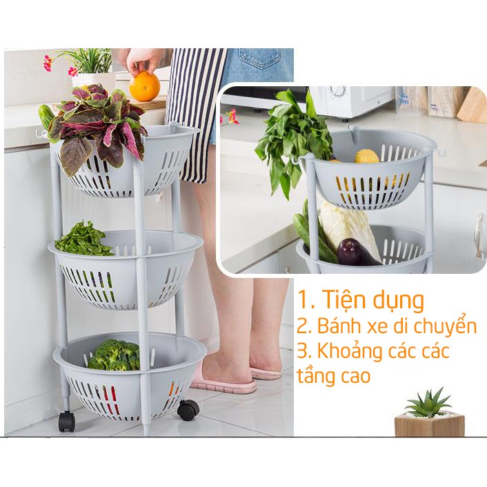 Hàng mới | Kệ rổ tròn 3 tầng có bánh xe để đồ tiện dụng nhiều màu T3B3