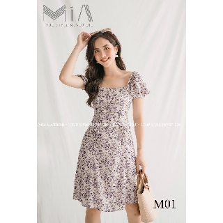 M01 - Váy xòe hoa nhí bo chun cổ vuông (Ảnh thật shop chụp)
