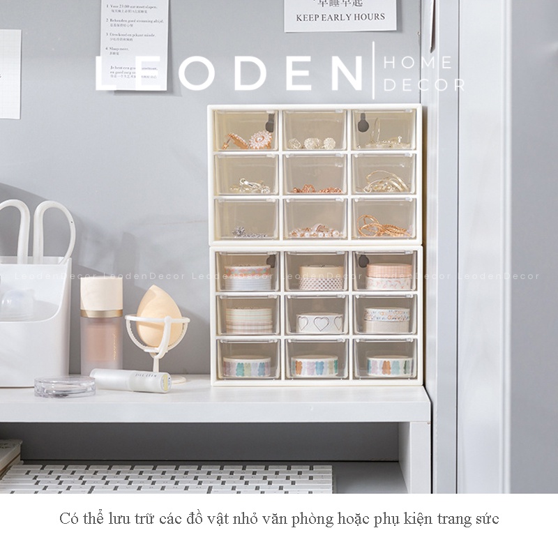 Hộp nhựa 9 ngăn kéo đựng mỹ phẩm, phụ kiện trang điểm để bàn học - LEODEN Decor