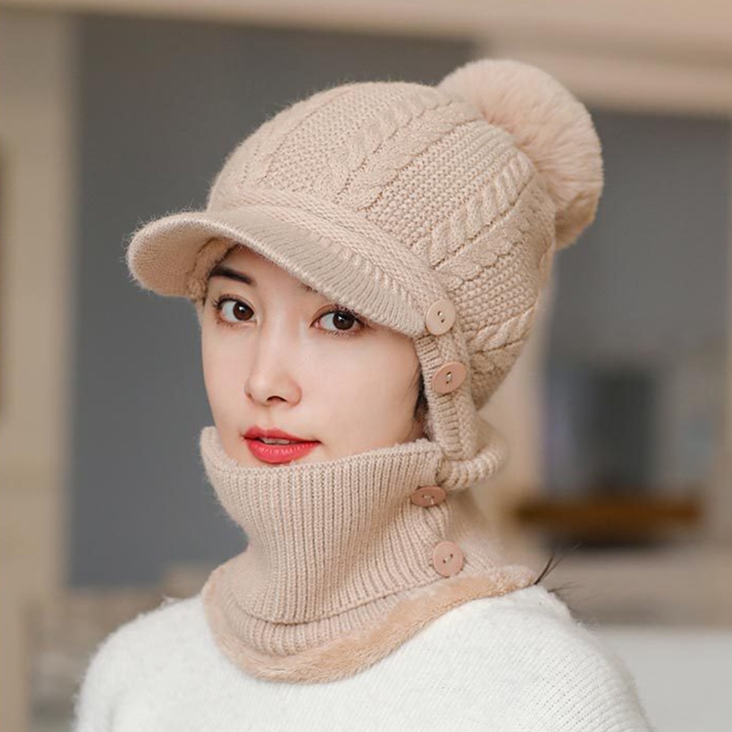 Mũ giữ ấm bằng vải len dệt kim có khăn choàng cổ tích hợp thiết kế màu trơn thích hợp cho hoạt động ngoài trời