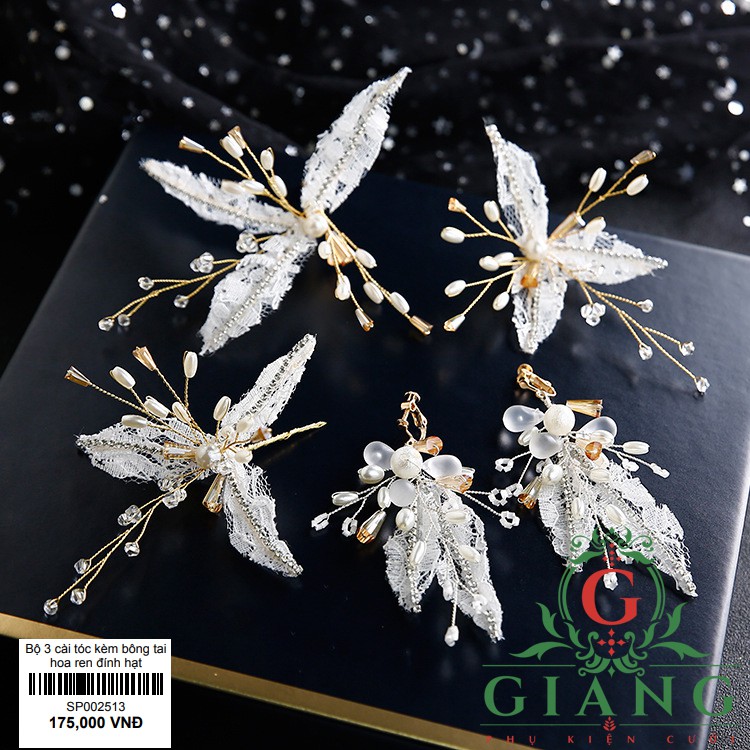 Bộ 3 cài tóc kèm bông tai hoa ren đính hạt mẫu cài tóc mới 9-2019