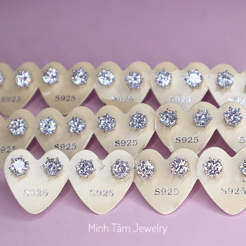 Bông tai nụ bạc S925 xi bạch kim,Khuyên tai nụ 6 chấu bạc 925 cao cấp-Minh Tâm Jewelry