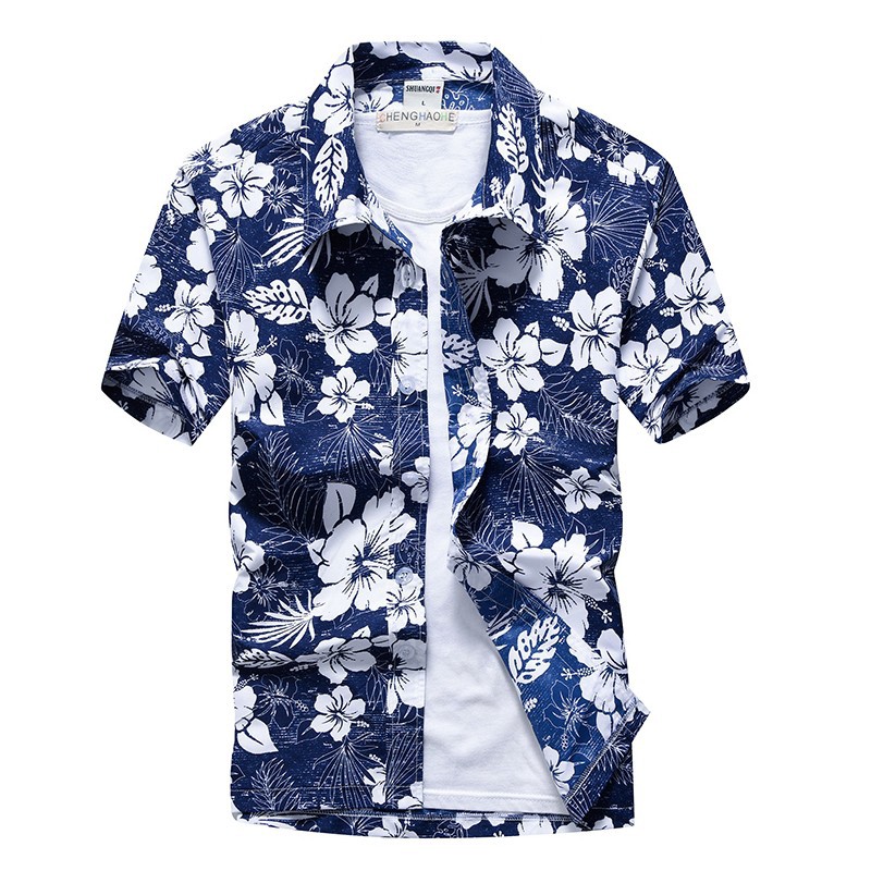 Áo sơ mi nam ngắn tay họa tiết hoa văn Hawaii
