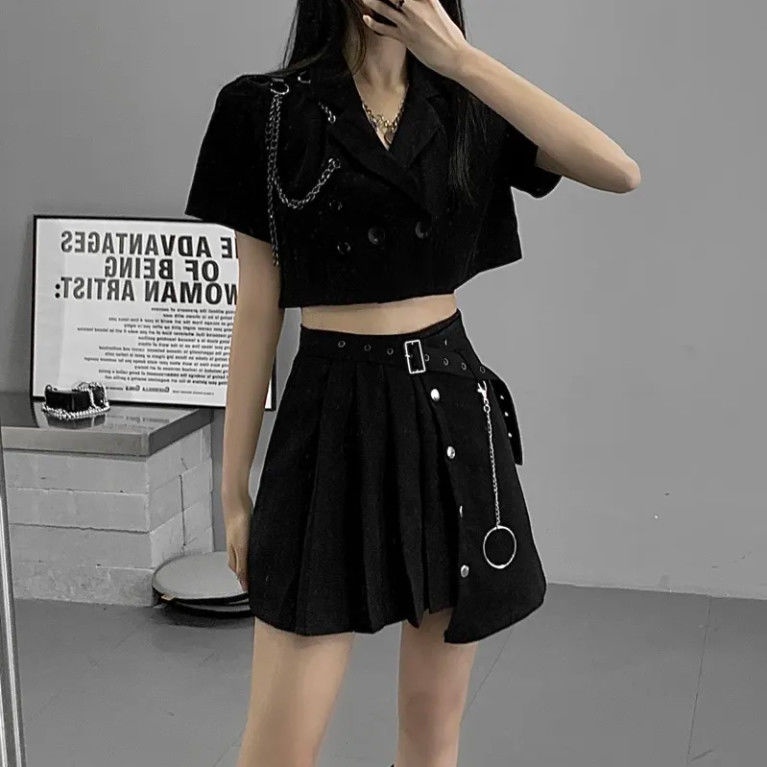 Bộ Áo Ngắn Tay+Chân Váy Xếp Ly Lưng Cao Xinh Xắn Dành Cho Nữ