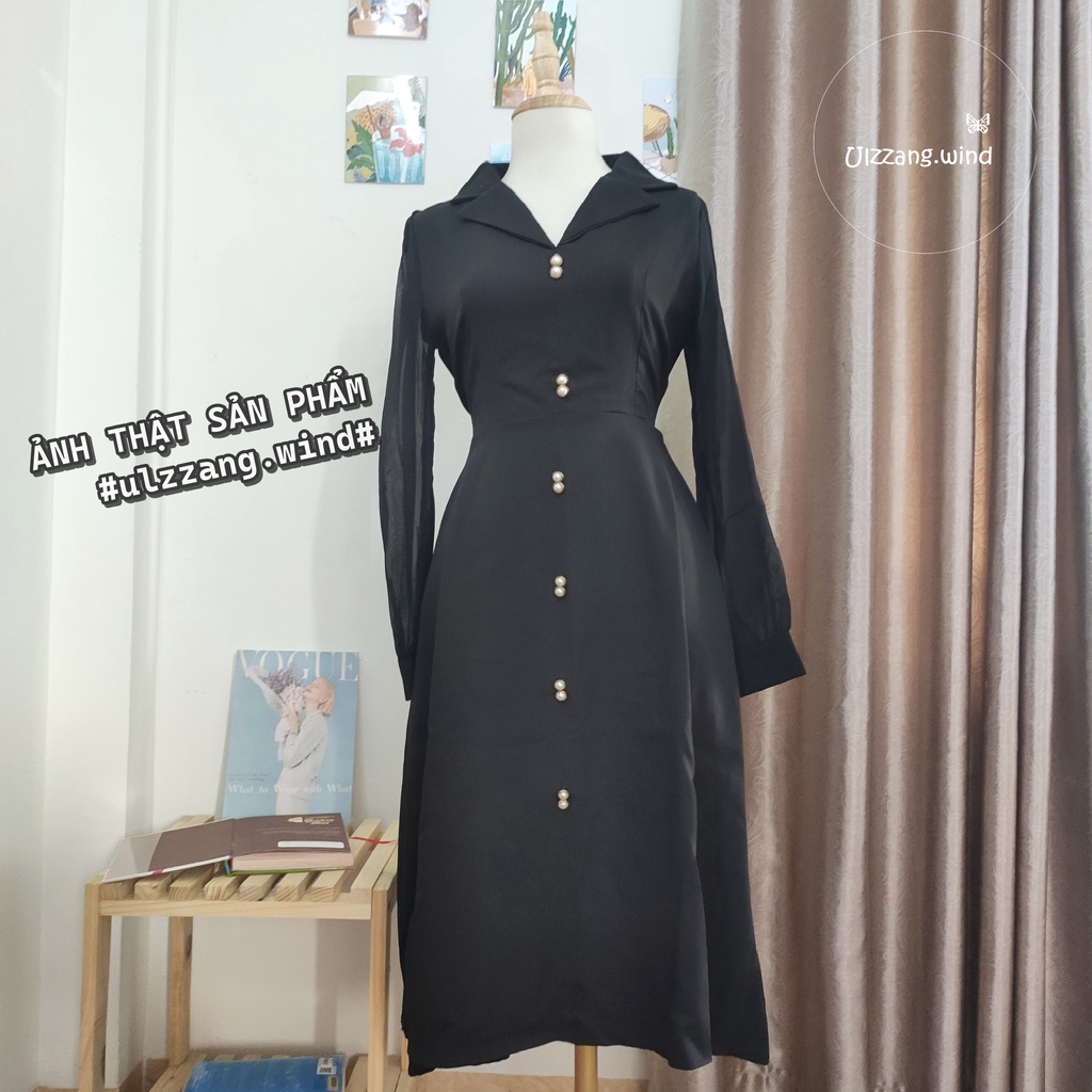 Đầm dài tay cổ vest tay phối cúc ngọc sang trọng Korean style - u.w