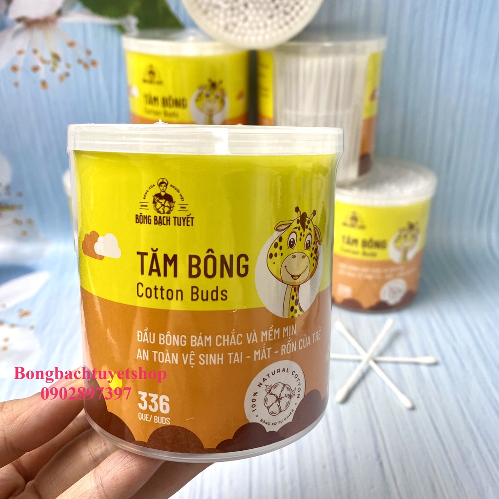 Tăm Bông Cho Bé 336 Que HỘP TRÒN XOAY - Tăm Bông Kotton Care For Kid HỘP TRÒN Bông Bạch Tuyết