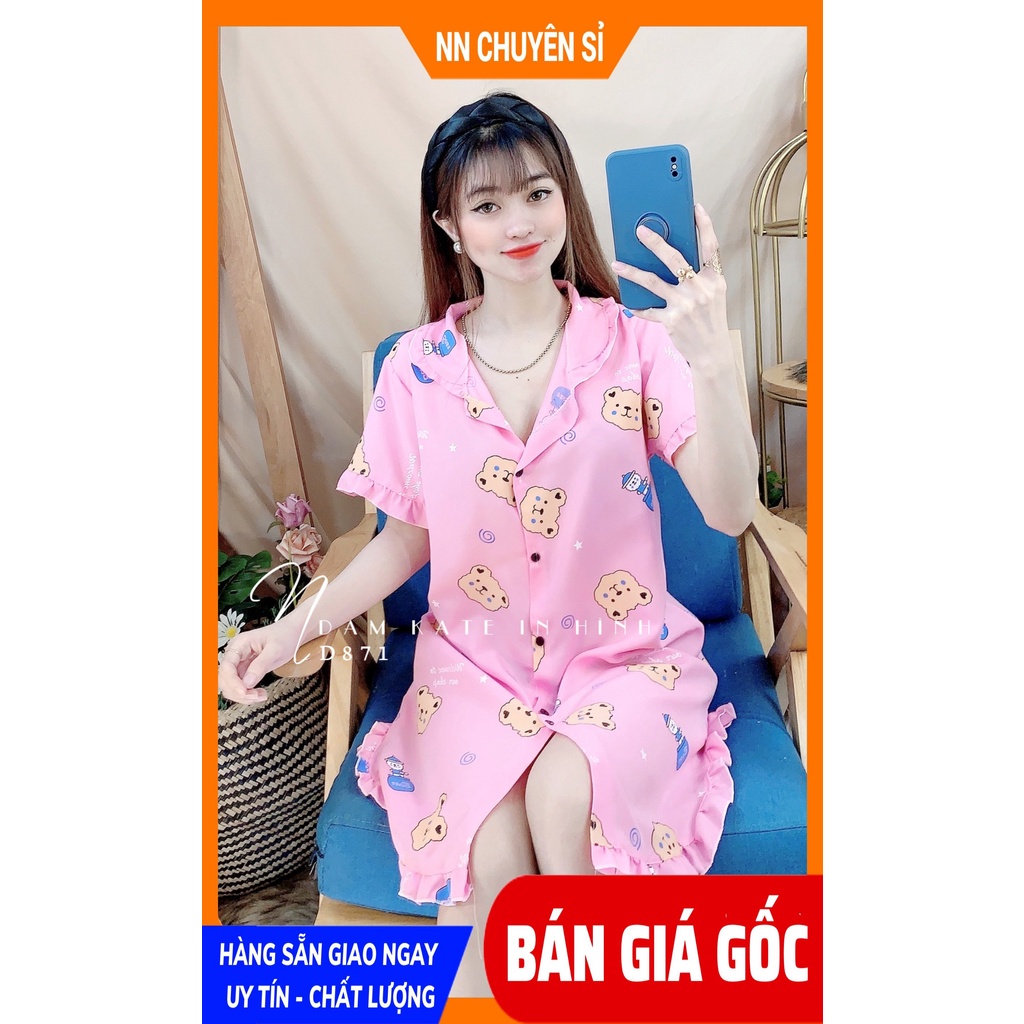 Đầm ngủ nữ phom rộng chất kate mềm mịn mát in hình gấu hoạt hình dễ thương D871