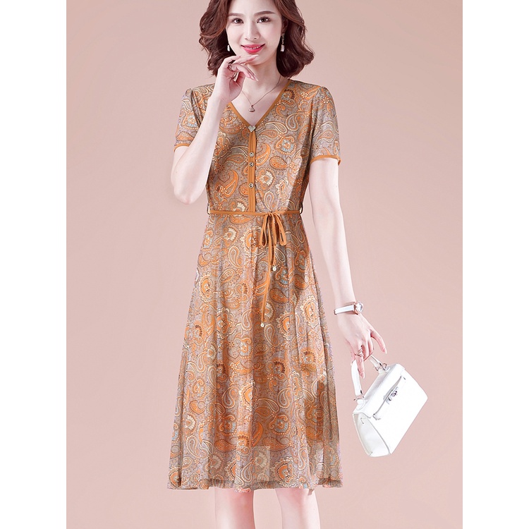 Đầm Lưới Tay Ngắn Cổ Chữ v In Họa Tiết Hoa Thời Trang Mùa Hè Dành Cho Nữ Trung Niên 40 Tuổi