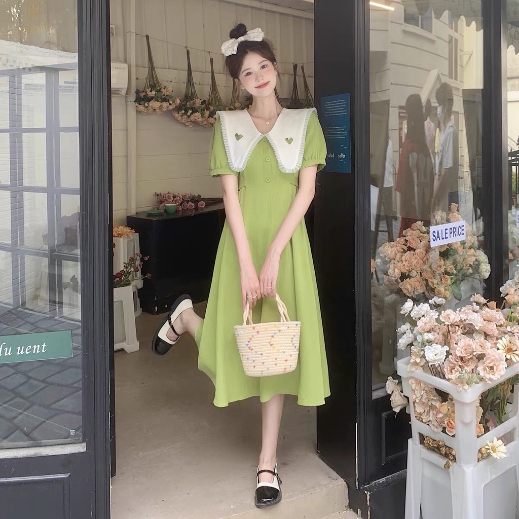 Váy đầm cổ trắng tim nhiều màu có dây thắt eo phong cách Hàn Quốc