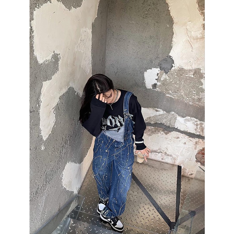 Honypove Quần yếm denim ống rộng phong cách hiphop thời trang đường phố cho nữ