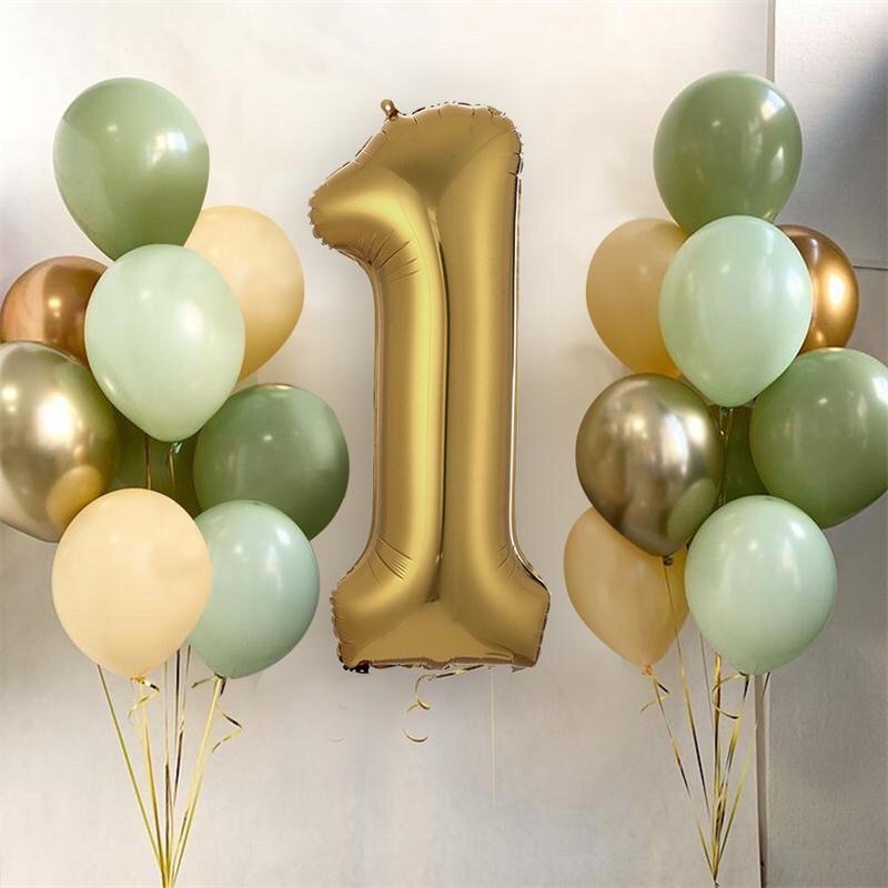 Set bóng bay màu trà xanh mattcha kết hợp bóng số y hình kèm duy băng