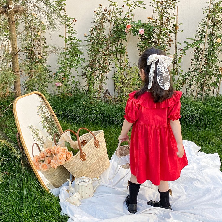 Váy bé gái Basci cổ chữ V phối bèo 2 mầu Đỏ và Đen XHN870