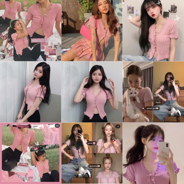 Áo Kiểu NEVER STOP CROPTOP màu HỒNG thiết kế gài nút 1 nửa khoe vòng eo chất len dày co giãn hàng nhập quảng châu