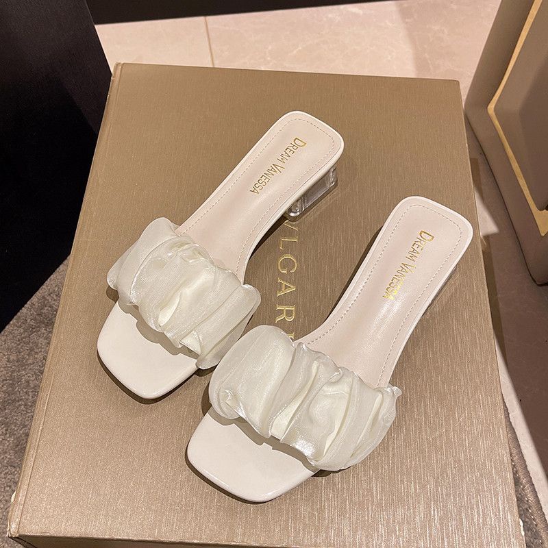 GUỐC DÉP NỮ CAO GÓT ĐẾ VUÔNG 3 PHÂN QUAI BÈO NHÚN VẢI VOAN GÓT TRONG SUỐT HOT 2022 VINA STORE - mã SD31