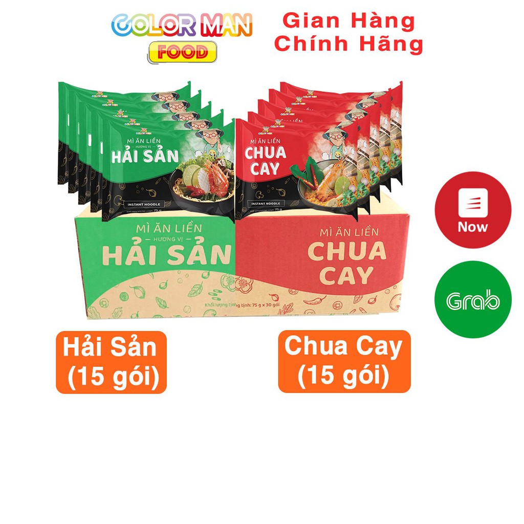 Thùng Mì Gói Color Man 30 GÓI MIX 15 gói Hải Sản - 15 gói Chua Cay sản xuất từ 100% khoai tây