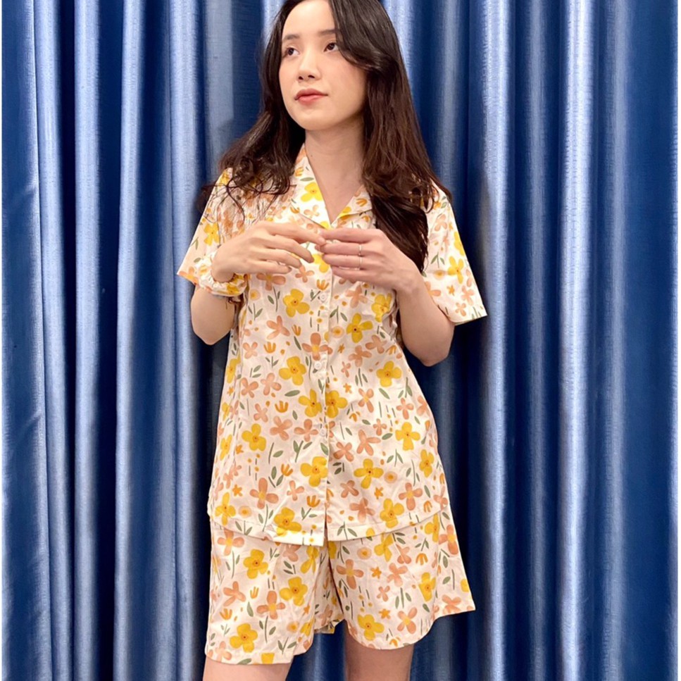 [XẢ KHO] Bộ Pyjama thô Hàn - Hoa 4 cánh Thiết kế siêu xinh Quần đùi áo cộc