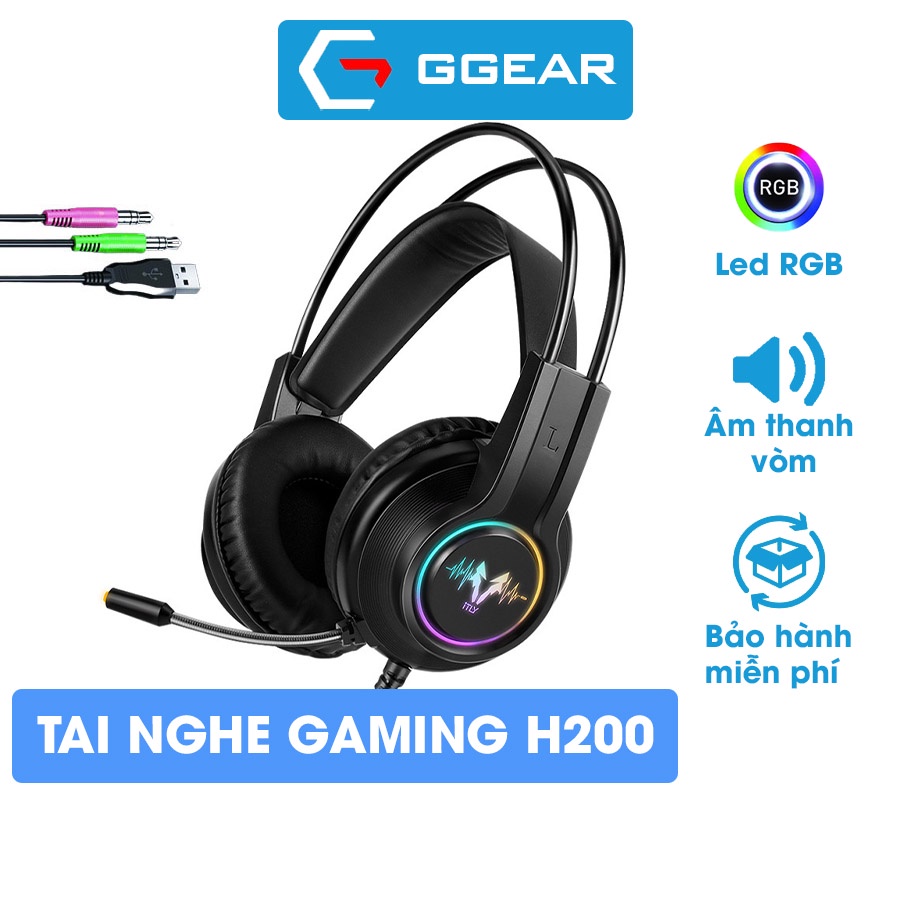 Tai nghe chụp tai máy tính gaming GGear H200B có dây mic đàm thoại led RGB âm thanh 3D chống ồn êm ái cho game thủ