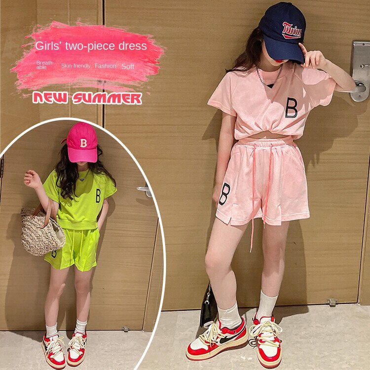 Bộ Áo Thun Ngắn Tay+Quần Short Thời Trang Mùa Hè Thoải Mái Cho Bé Gái 5-6-7-8-9-10-11-12 Tuổi 13-14-15 Tuổi