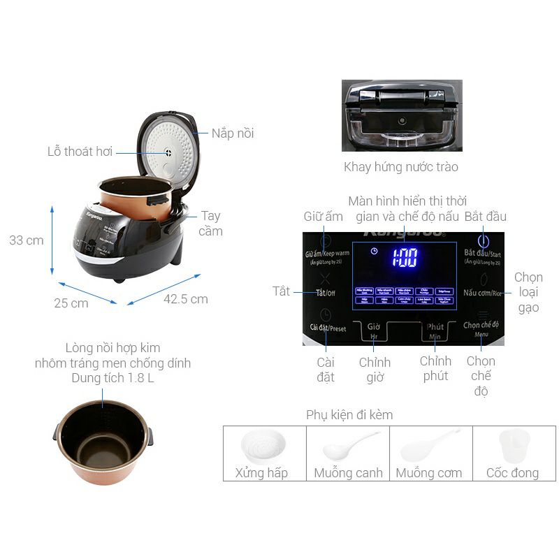 Nồi cơm điện tử kangaroo kg595 bảo hành chính hãng 12 tháng