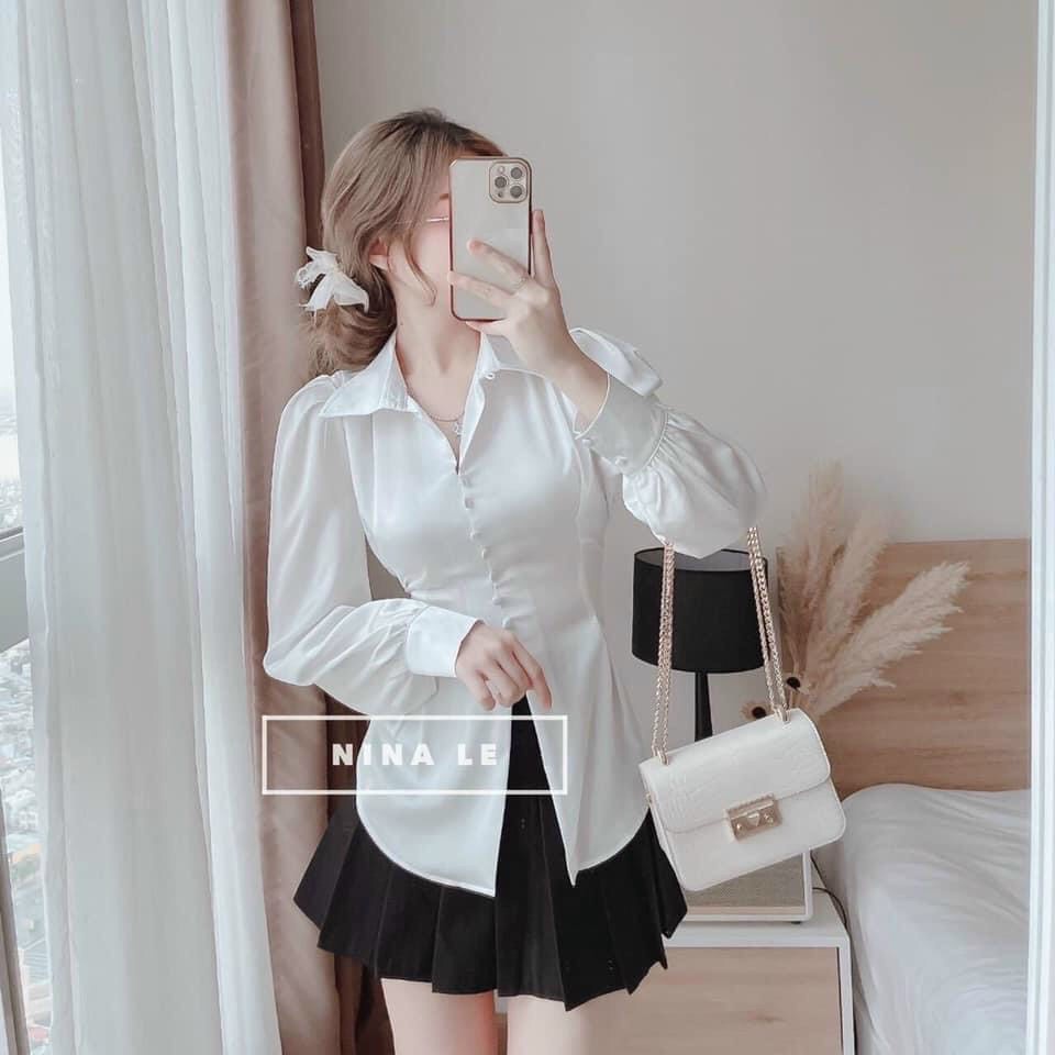 Áo sơ mi kiểu công sở, dự tiệc, áo sơ mi cột nơ sau chất vải lụa