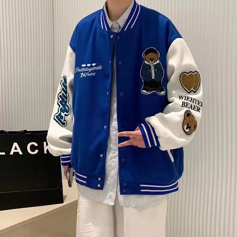 Áo Khoác bomber Màu Xanh Lá Thêu Họa Tiết Phong Cách Hàn Quốc plus size M-3XL retro áo bomber nỉ nam simple áo varsity jacket from rộng varsity jacket bomber