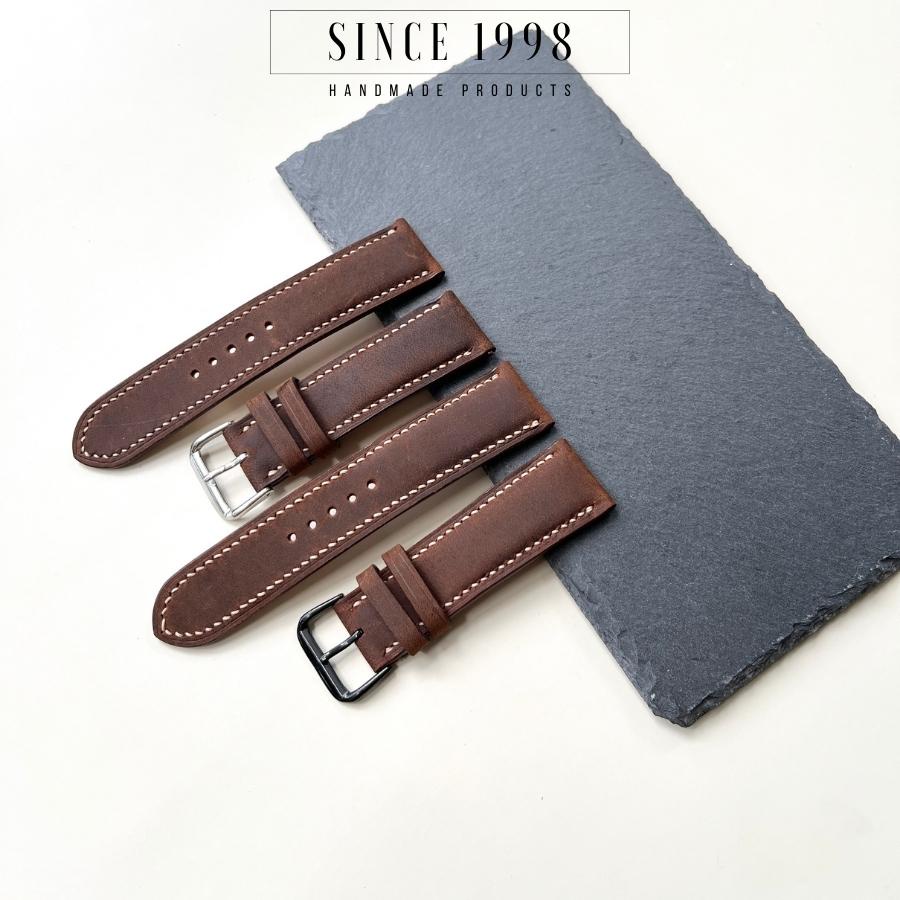 Dây Đồng Hồ Da Bò Nam 19mm 20mm 22mm 21mm 24mm, Da Thật, Handmade, Chống Nước, Chính Hãng, Màu Nâu Sáp, BH 12 Tháng