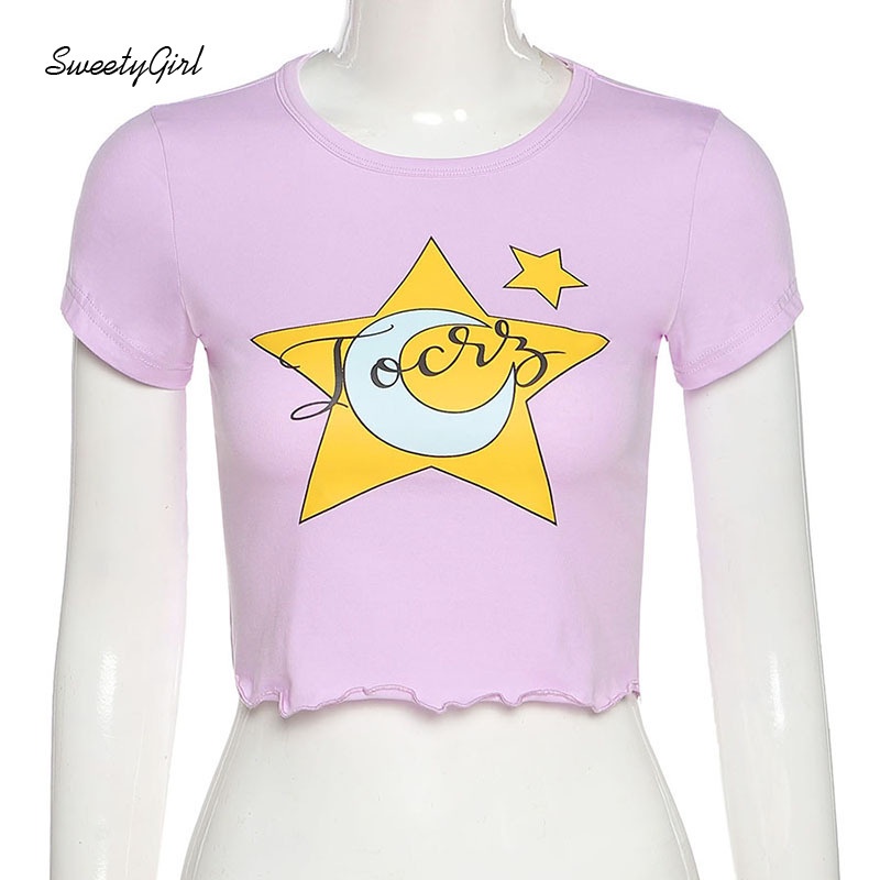 Áo Croptop Tay Ngắn Cổ Tròn In Họa Tiết Hoạt Hình Dành Cho Nữ