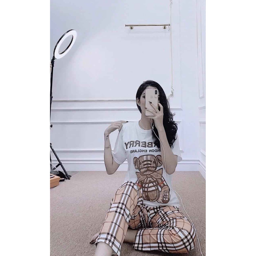 SET BỘ ĐỒ THÊU HÌNH GẤU KẺ BBR ÁO CỘC QUẦN DÀI