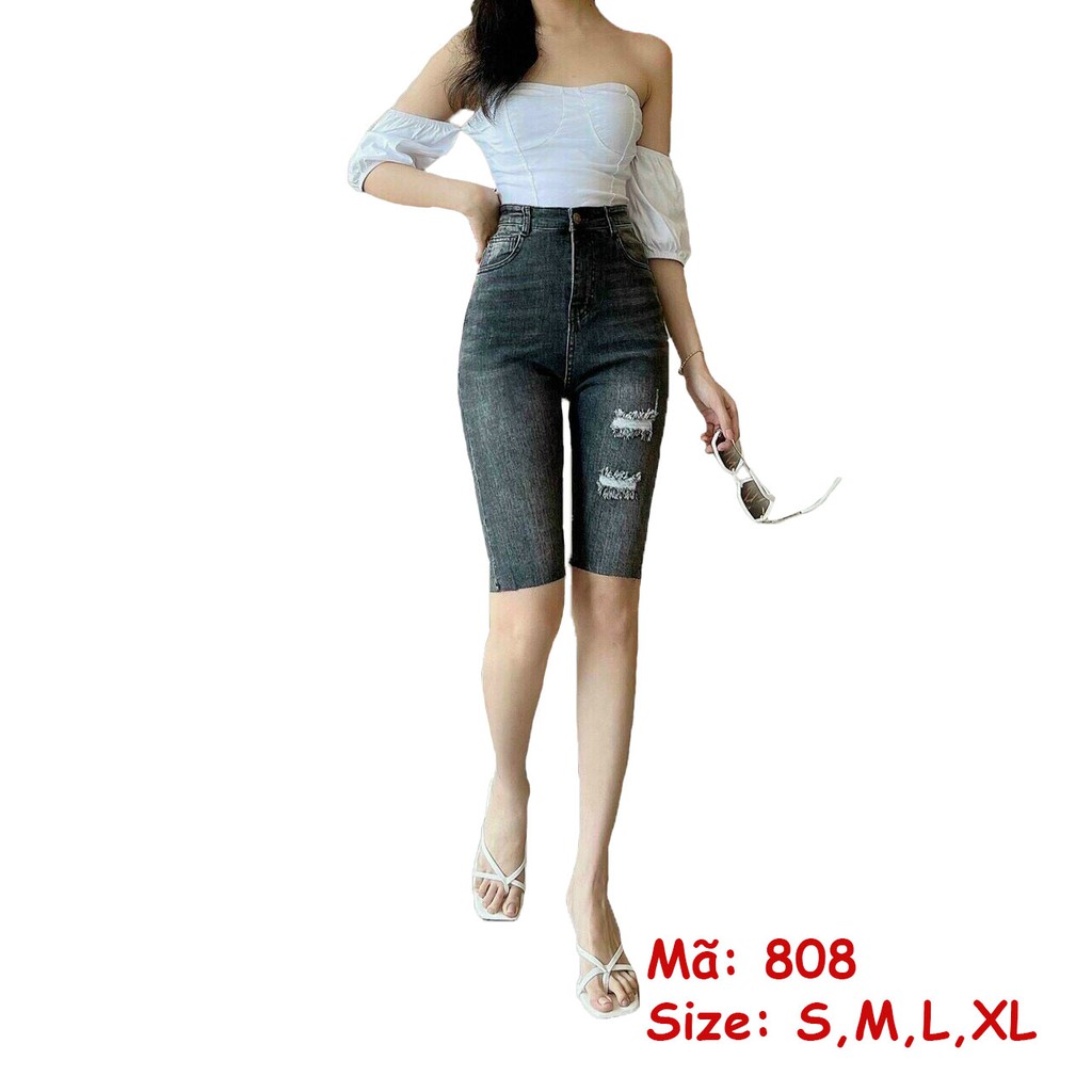 Quần short jean nữ ngố ❤️FREESHIP❤️ Quần Ngố Jean Nữ chất bò co giãn lưng cao phối rách thời trang A-T Fashion - SNM808
