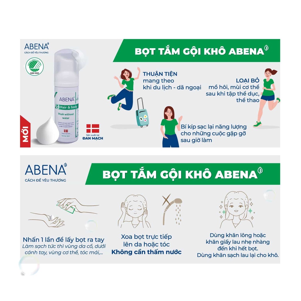 Dầu gội tắm khô Abena làm sạch dịu nhẹ an toàn cho da - Nhập Khẩu Đan Mạch (Chai 200ML)