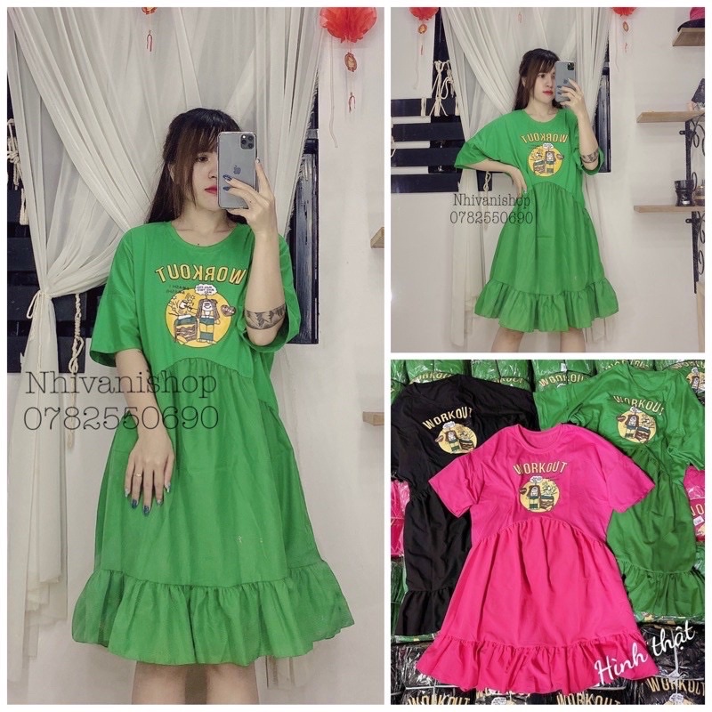 Đầm babydoll viền bèo form rộng , bầu bì bon chen dễ thương che bụng che đùi , đầm big size