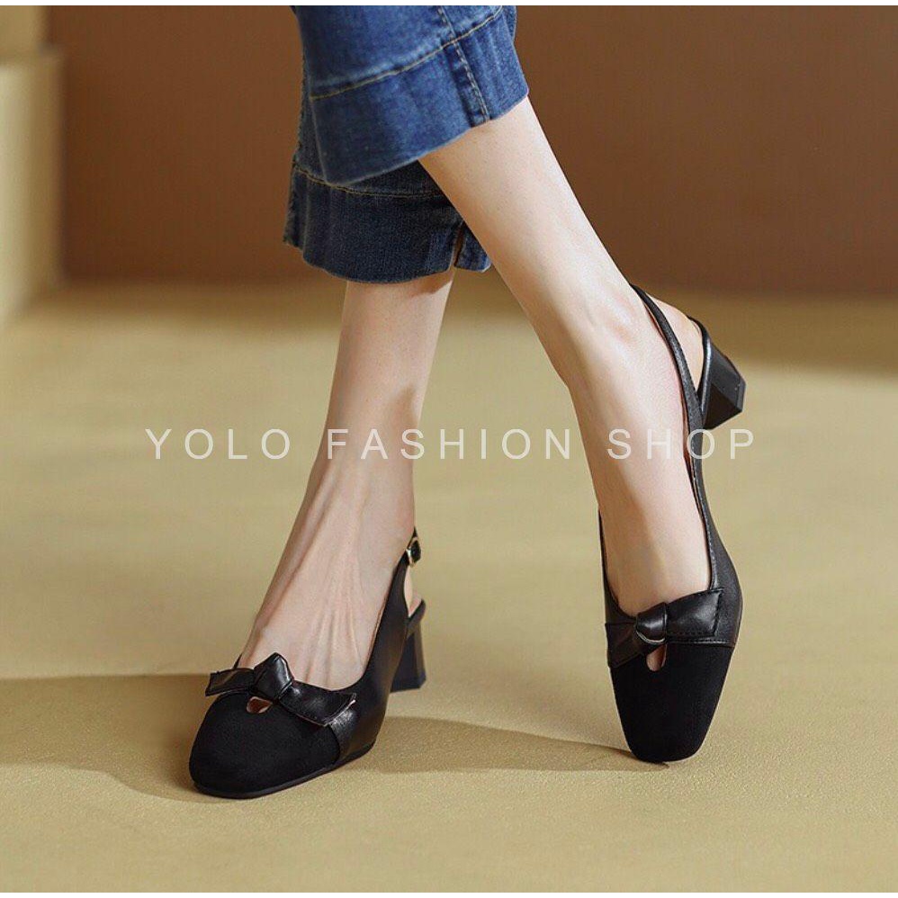 Giày búp bê nữ đế 3p hở gót mũi vuông đính nơ xinh xắn da mềm êm chân - B35