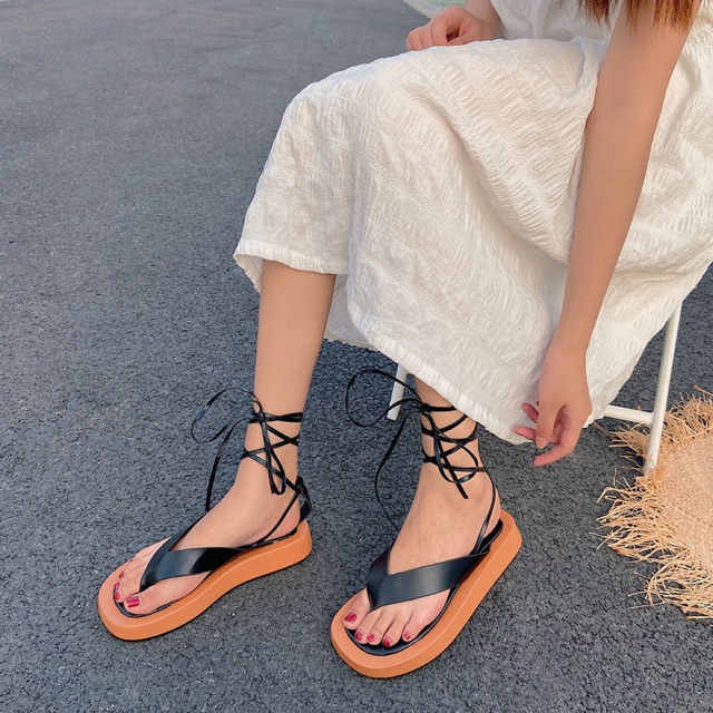 [Sẵn Đen 36] Dép sandal xỏ ngón đế cao dây buộc Ulzzang ( Ảnh thật ở cuối )