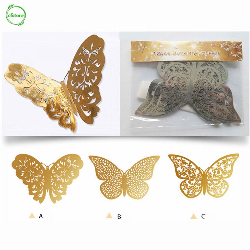 CF 12Pcs/lot 3D 4 Colors Hollow Butterfly Wall Stickers Living Room Bedroom Stickers Home Decor