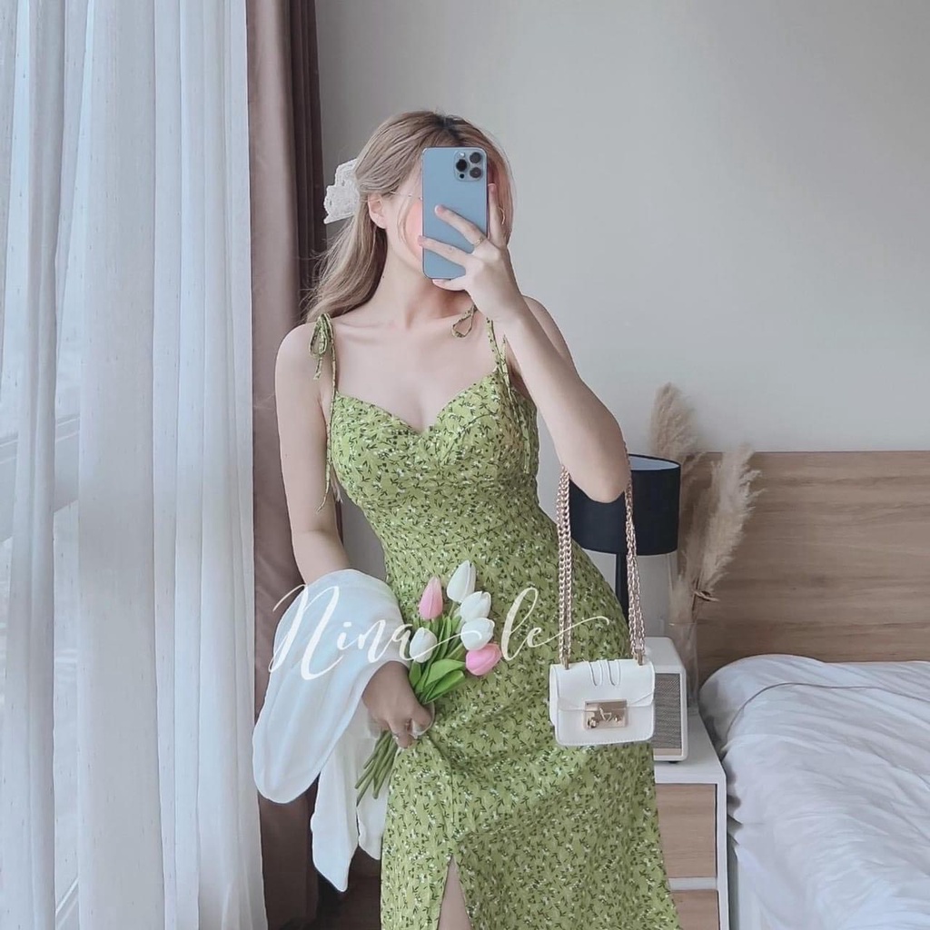 Đầm Lụa Hoa MTB Đầm Maxi 2 Dây Hoa Màu Xanh lá Kèm áo Khoác Gân Bên Ngoài