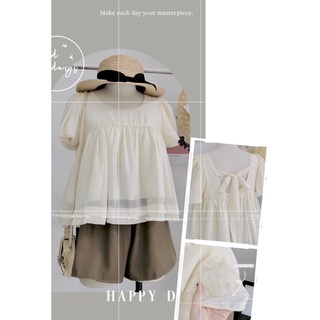 Set 2 món áo BBD nơ lưng vải voan tay nhún+quần short nâu lưng thun freesize Pumi