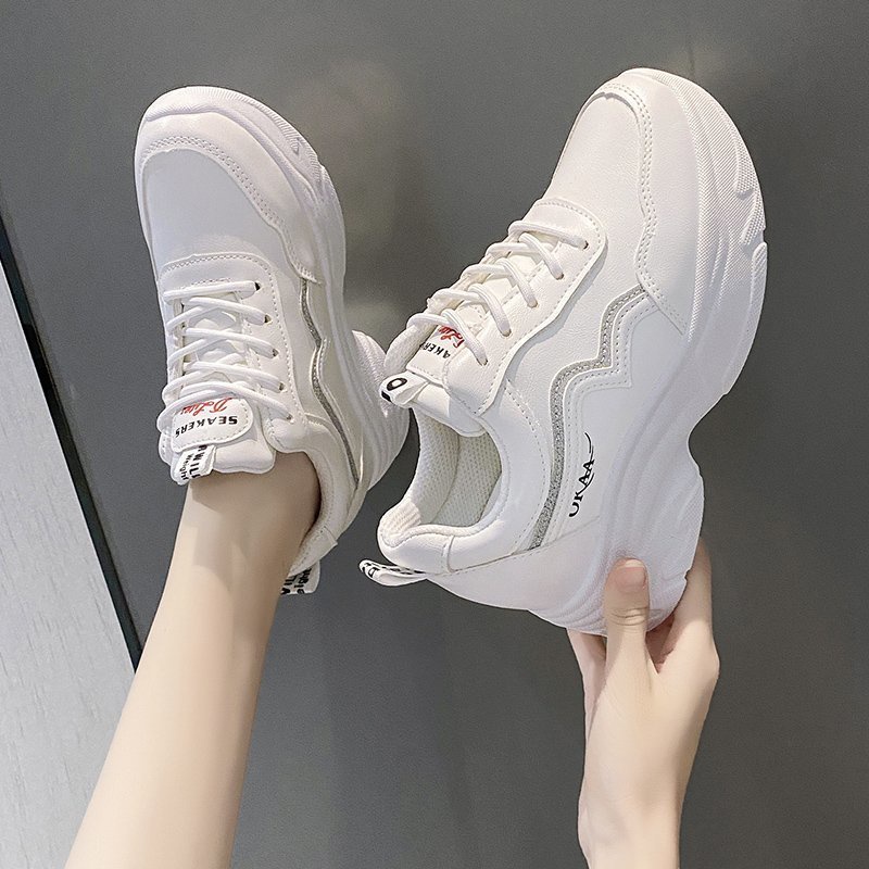 Giày Da Nữ, Giày Sneaker Da Nữ G63 Màu Trắng Đẹp Độn Đế 7 Phân Tăng Chiều Cao Cho Học Sinh Sinh Viên