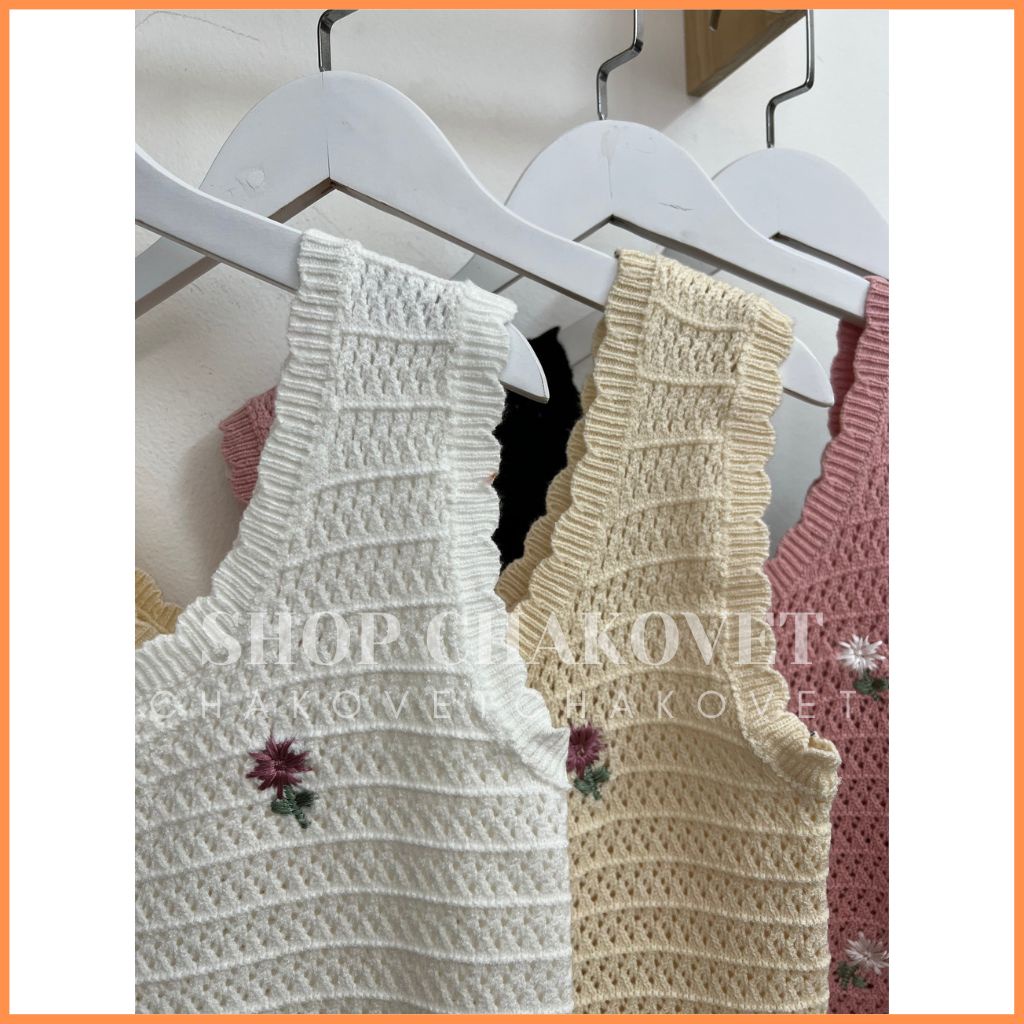 Áo len ba lỗ dáng Croptop tiểu thư A8402 Áo 2 dây bản to dệt kim thêu họa tiết hoa xinh xắn thời trang Hàn Quốc cực HOT