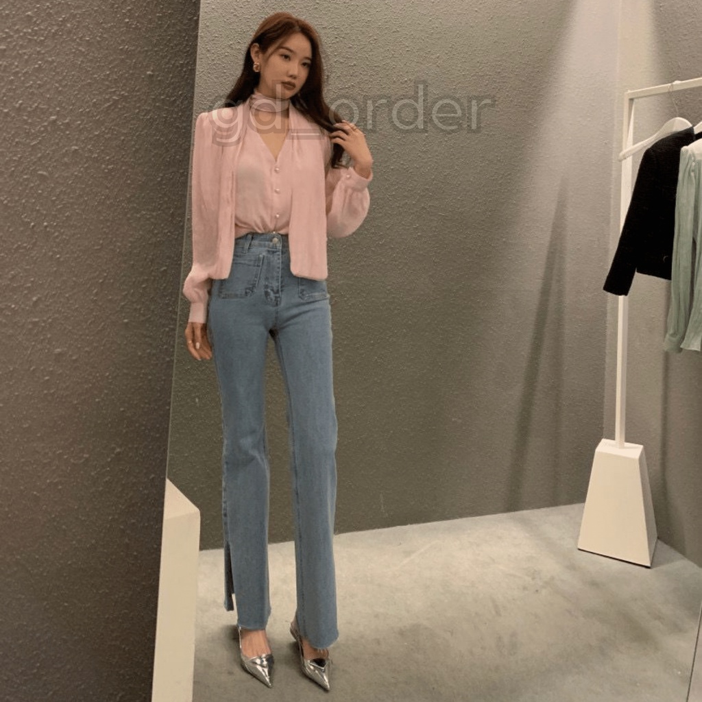 A18|Áo sơ mi nữ công sở đẹp kiểu hàn quốc dây đai cổ tay phồng gd_order