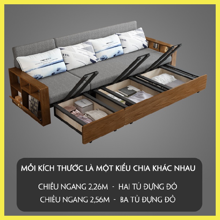 Giường sofa tay gỗ sồi nguyên khối thông minh gấp gọn,khung thép chăc chắn tích hợp ngăn chứa đồ,Kt:1m5 x 1m95