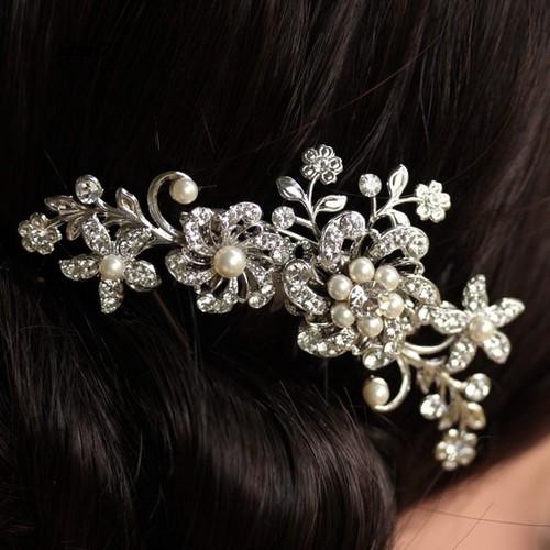 Lược cài tóc trang trí bông hoa đính hạt ngọc trai sang trọng thời trang dự tiệc cưới cho nữ