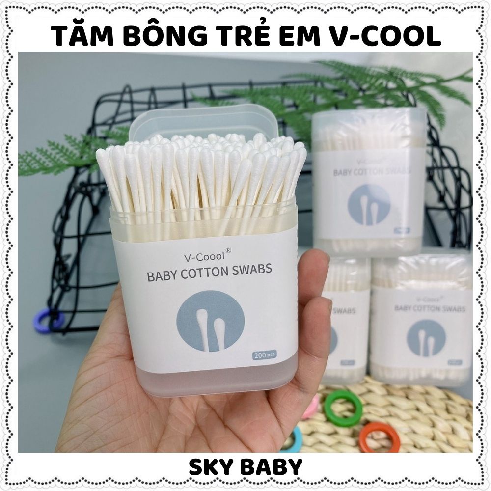 Tăm bông Vcoool cho trẻ em người lớn kháng khuẩn hộp 200 que lõi giấy cao cấp vệ sinh vết thương ngoáy tai mũi cho bé