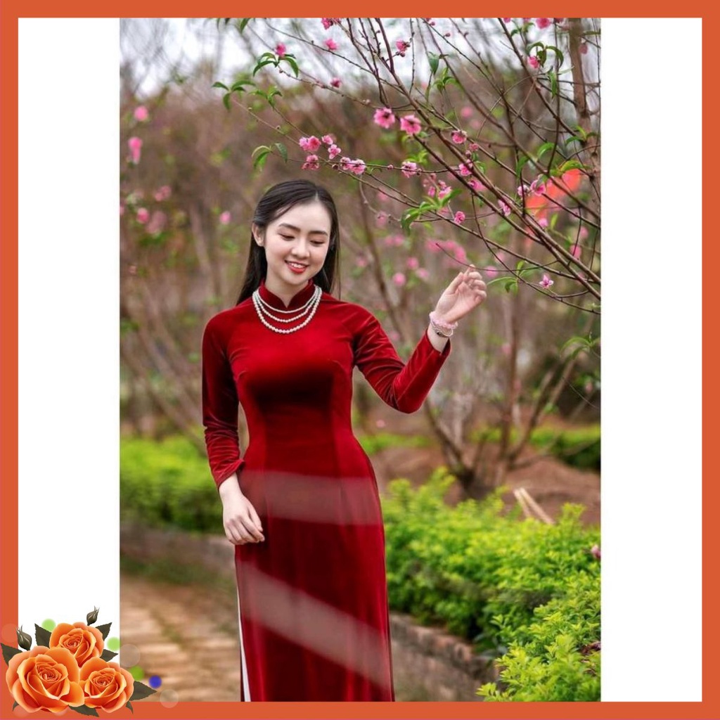 ÁO DÀI NHUNG TRƠN TRUYỀN THỐNG, ÁO DÀI ĐỎ  ADN2TĐ