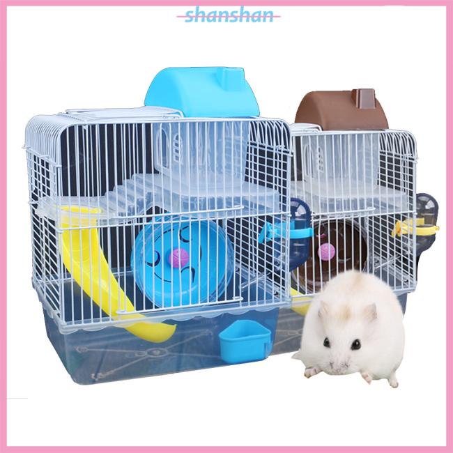 Lồng hai tầng bằng sắt kèm bát ăn và bánh xe chạy cho chuột hamster