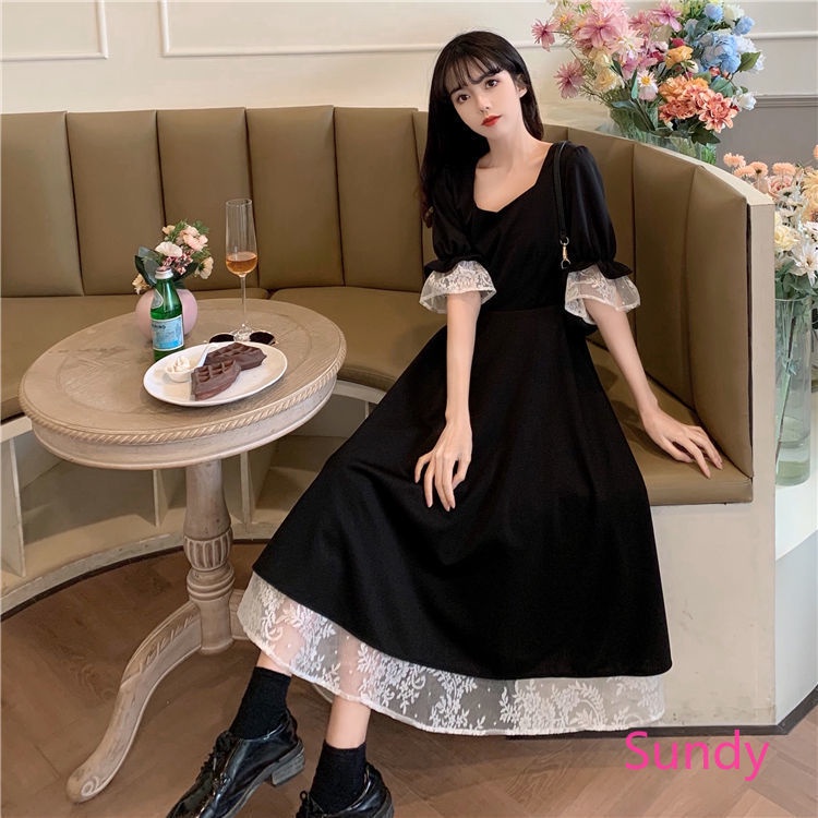 Đầm dài màu đen phối ren phong cách cổ điển Pháp thời trang mùa hè cho nữ