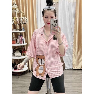 Sét bộ nữ, áo kate sọc caro in hình gấu dễ thương