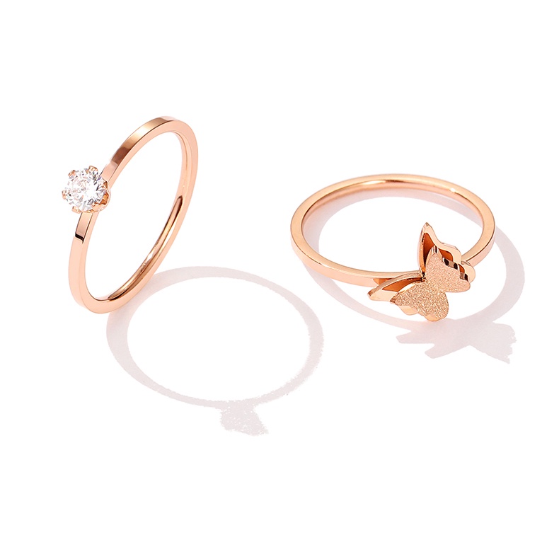 Nhẫn MAYEBE LAVEND bằng thép titan màu vàng hồng không phai phối mặt bướm/ đính đá đơn giản phong cách Hàn Quốc